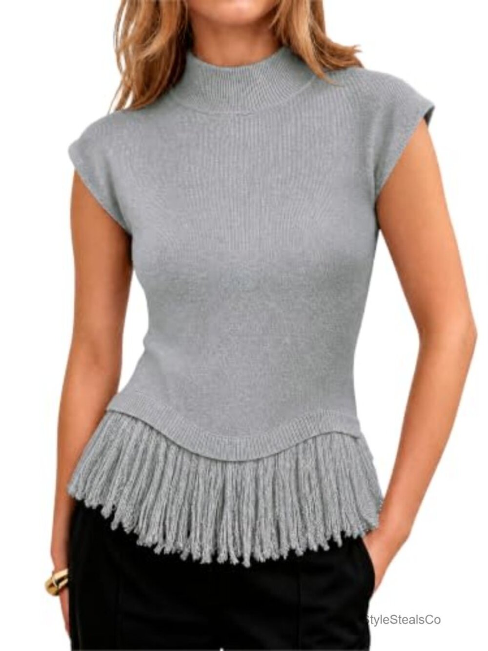 Womens Cap Sleeve Sweater Vest Fringe Mock Neck Cable Knit Tank Top
